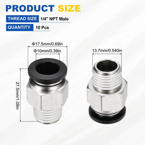 10 Pack Push To Connect Fittings For 1/4 NPT Brass Male Adapters, 0.39 In Tube OD, Nickel Plated Air Line Quick Connects, Black