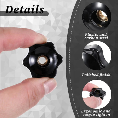 Four Pack M6 Six Star Knobs, Solid Black Nylon Screw On Through Threaded Clamps, smooth grip detail.