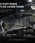 Boss Level Z87 Plus Impact Rated Safety Glasses Featuring Hella Slick Photochromic Lenses in military-grade nylon frame with green accents.