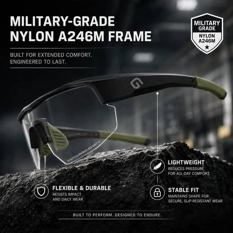 Boss Level Z87 Plus Impact Rated Safety Glasses Featuring Hella Slick Photochromic Lenses in military-grade nylon frame with green accents.