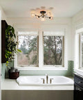 Bathroom featuring Crystal Sputnik Ceiling Light Fixture in Black and Gold, Modern Industrial Semi Flush Mount Chandelier with Glass Crystals.
