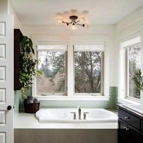 Bathroom featuring Crystal Sputnik Ceiling Light Fixture in Black and Gold, Modern Industrial Semi Flush Mount Chandelier with Glass Crystals.