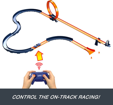 Hot Wheels RC Speed Challenge Track Set With 1 To 64 Scale Remote Control Vehicle shown with orange track and blue remote.