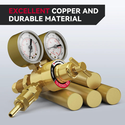 Front view of ARCCAPTAIN Argon CO2 welding regulator with dual gauges and brass body