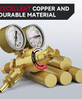 Front view of ARCCAPTAIN brass argon/CO2 welding regulator with dual gauges and CGA580 inlet.