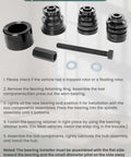 24 Piece Wheel Bearing Press Kit for Front Wheel Drive Vehicles Easy No Hassle Bearing Removal and Installation Without Hammering No Alignment Worries with Pro Grade Adapters displayed with components and operation steps.