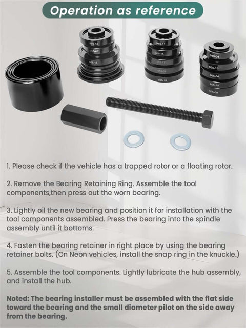 24 Piece Wheel Bearing Press Kit for Front Wheel Drive Vehicles Easy No Hassle Bearing Removal and Installation Without Hammering No Alignment Worries with Pro Grade Adapters displayed with components and operation steps.
