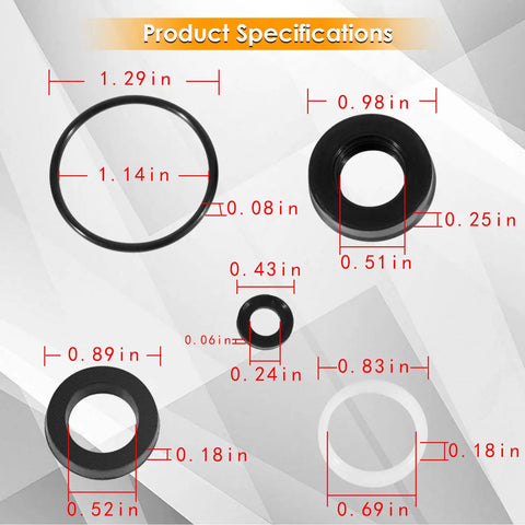 Product specifications for Beefed Up Seal Kit For 66DX And 6DX Pressure Washer Pumps with replacement seals and o-rings, various sizes visible.