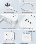 Features of 3 Outlet Power Strip With 3 USB Ports And 10 Foot Cord, showcasing flat plug, USB ports, and widely spaced outlets.