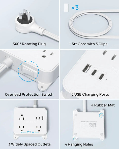 Features of 3 Outlet Power Strip With 3 USB Ports And 10 Foot Cord, showcasing flat plug, USB ports, and widely spaced outlets.
