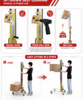 Top Rated Portable Material Lift With Manual Winch Stacker And Forks used by worker showing up/down operation and load capacity.
