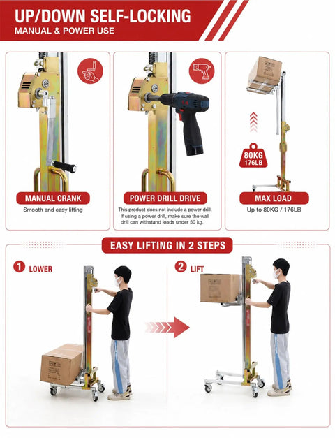 Top Rated Portable Material Lift With Manual Winch Stacker And Forks used by worker showing up/down operation and load capacity.