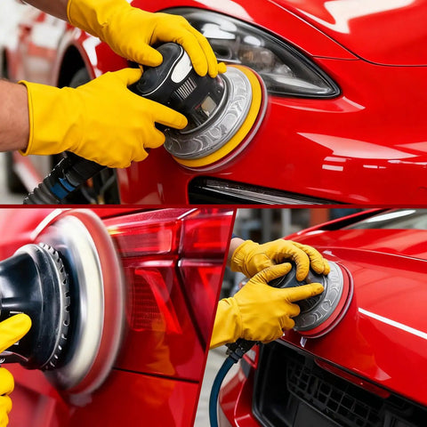 Person using 6-Inch Do-It-All Hook And Loop Sanding Sponges Discs 400-3000 Grit on a red car surface with a random orbital sander.