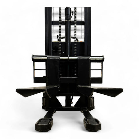 Semi Electric Thin Leg Pallet Stacker Built Like A Tank To Move Up To 3307 Lbs Loads With Quick 78 Inch Lift Height front view with forks and lift mechanism
