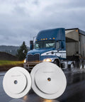 Heavy Duty Truck Hub Seal Installer Kit with seal drivers displayed with a blue truck on a wet road