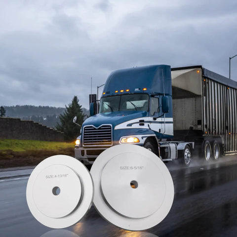 Heavy Duty Truck Hub Seal Installer Kit with seal drivers displayed with a blue truck on a wet road