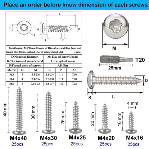 Diagram of 125 Piece Torx Pan Head Stainless Wood Screws Set With T20 Bit M4 X 16 20 25 30 40 mm dimensions and specifications