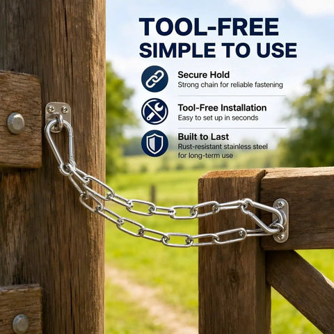 Chain Link Gate Latch with Double Carabiner Ends Stainless Steel, featuring a secure chain fastening system on a wooden gate.