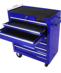 Rolling Tool Chest With Seven Drawers On Wheels Heavy Duty Steel Tool Cabinet Lockable Toolbox, blue finish, open drawers