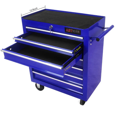 Rolling Tool Chest With Seven Drawers On Wheels Heavy Duty Steel Tool Cabinet Lockable Toolbox, blue finish, open drawers