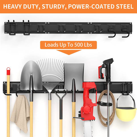 Easy Install Garage Tool Organizer Wall Mount Kit With 11 Pieces And Eight Heavy Duty Hooks holding tools, max load 500lbs