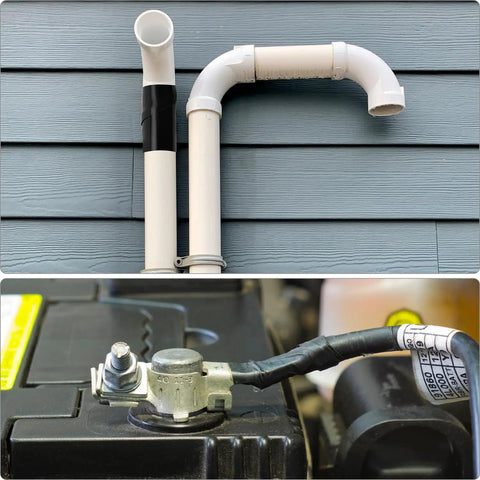 Image showing Self Fusing Silicone Tape For Leak Repair And Anti Skid Grip, 1 Inch By 10 Feet Each, Two Rolls High Friction Handle Tape That Holds Tight, Works From Minus 76 To 500 Degrees Fahrenheit applied on pipes and battery terminal.