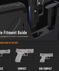 Biometric Nightstand Gun Safe With Quick Access Sliding Door for Pistol, fitment guide showing full to pocket size options