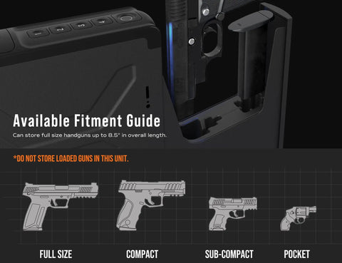 Biometric Nightstand Gun Safe With Quick Access Sliding Door for Pistol, fitment guide showing full to pocket size options