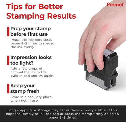 Tips for using Go To 4 Line Self Inking Stamp For Names And Addresses, customize font and ink color, bold impressions, hand pressing stamp