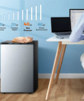 Top Tier Upright Mini Freezer With 3.0 Cubic Foot Storage And Brushed Stainless Steel Build with cat on top, suitable for home or office.