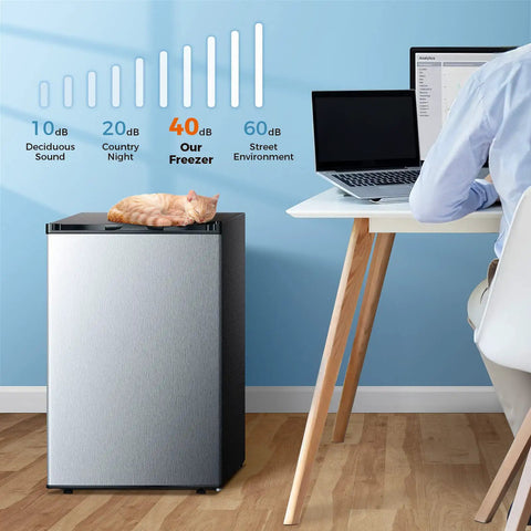 Top Tier Upright Mini Freezer With 3.0 Cubic Foot Storage And Brushed Stainless Steel Build with cat on top, suitable for home or office.
