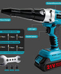 Beast 21V Brushless Cordless Rivet Gun Kit with labeled features and rivet accessories, ideal for auto repair and DIY projects.