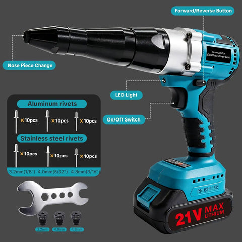 Beast 21V Brushless Cordless Rivet Gun Kit with labeled features and rivet accessories, ideal for auto repair and DIY projects.