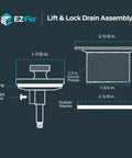 Diagram of Lift-N-Turn Bath Drain Assembly Kit Chrome Plated Brass Construction No-Fuss Stopper Replacement dimensions.