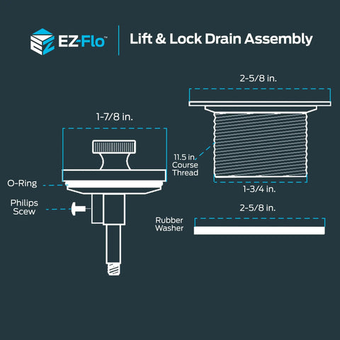 Diagram of Lift-N-Turn Bath Drain Assembly Kit Chrome Plated Brass Construction No-Fuss Stopper Replacement dimensions.