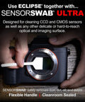 Eclipse Optic Cleaning Solution 15ml two-pack for camera lenses and sensors; hand cleaning a camera sensor with a swab.