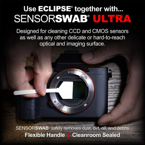 Eclipse Optic Cleaning Solution 15ml two-pack for camera lenses and sensors; hand cleaning a camera sensor with a swab.
