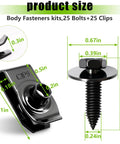 Close-up of 50 Pcs One Quarter Inch U Nut Clips And Hex Head Automotive Body Bolts Kit dimensions, black finish.