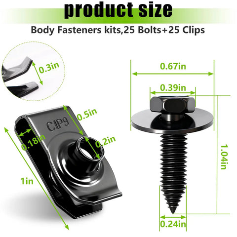 Close-up of 50 Pcs One Quarter Inch U Nut Clips And Hex Head Automotive Body Bolts Kit dimensions, black finish.