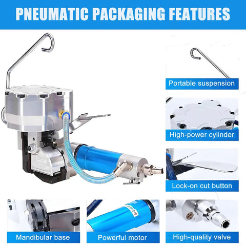 Heavy Duty Pneumatic Steel Strapping Machine With Automatic Tension Cutter For 19Mm Banding Steel Wood And Aluminum Profiles showing pneumatic features and components.