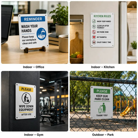Four locations showing signs made from 3 Pack 8x10 Inch Aluminum Sign Blanks For Sublimation UV Printing And Engraving 0.65mm Thick.