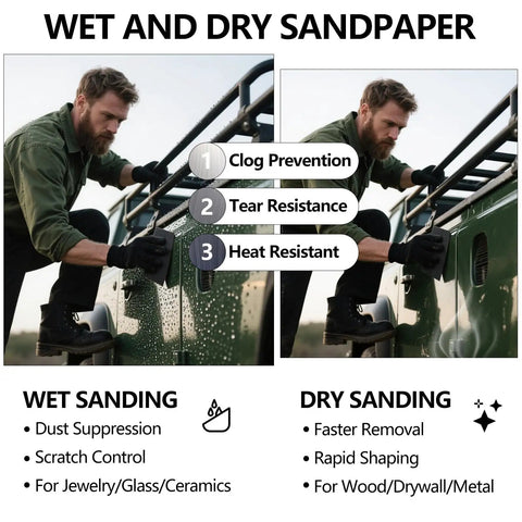 Man using Top Notch 120 Grit Wet Dry Sandpaper Sheets Pack on metal vehicle, showcasing clog prevention and heat resistance features.