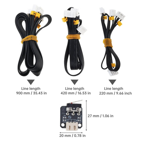 3D Printer Stepper Motor X Y Z Axis Cable Kit With 3 XYZ End Stop Switches For Ender 3 Series Upgrade showing cable lengths and switch dimensions