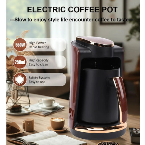 Electric Turkish Coffee Maker For Greek Style Brew 550W 250ML Single Cup Brewer with Included Cup and Spoon shown in kitchen