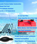 Outboard Fuel Line Hose Kit 5/16 Inch 10 Ft Replacement For Yamaha Mercury Johnson Marine Outboards 4 HP To 200 HP With Primer Bulb Tank Quick Female Connector And Fuel Filter features a red fuel tank over water with highlighted features.