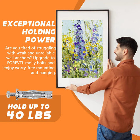 Man hanging picture using 20 Pack M4x46 Molly Bolts Heavy Duty Drywall Anchors in Zinc Plated Steel for plaster walls.