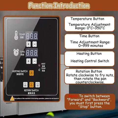 Control panel of No Sweat Heavy Duty Electric Coffee And Nut Roaster with temperature and time settings for easy use.