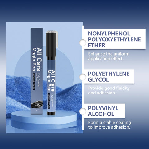 Three Pack Car Scratch Repair Pen For All Car Colors on display with packaging and ingredient benefits highlighted.