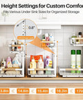 Super Sturdy Two Tier Under Sink Organizer With Adjustable C Shape Base And Smooth Pull Out Rollers, 5 height settings for organized storage.
