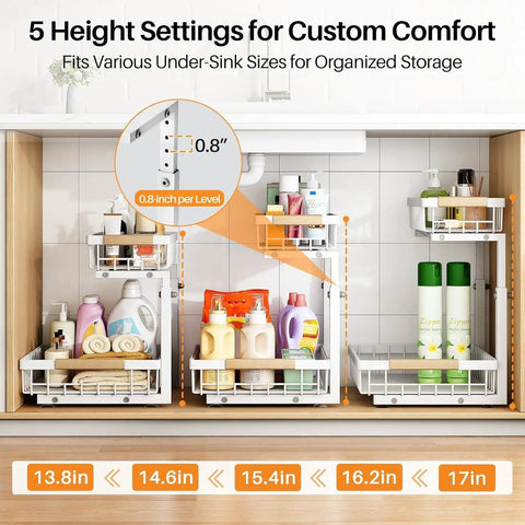 Super Sturdy Two Tier Under Sink Organizer With Adjustable C Shape Base And Smooth Pull Out Rollers, 5 height settings for organized storage.